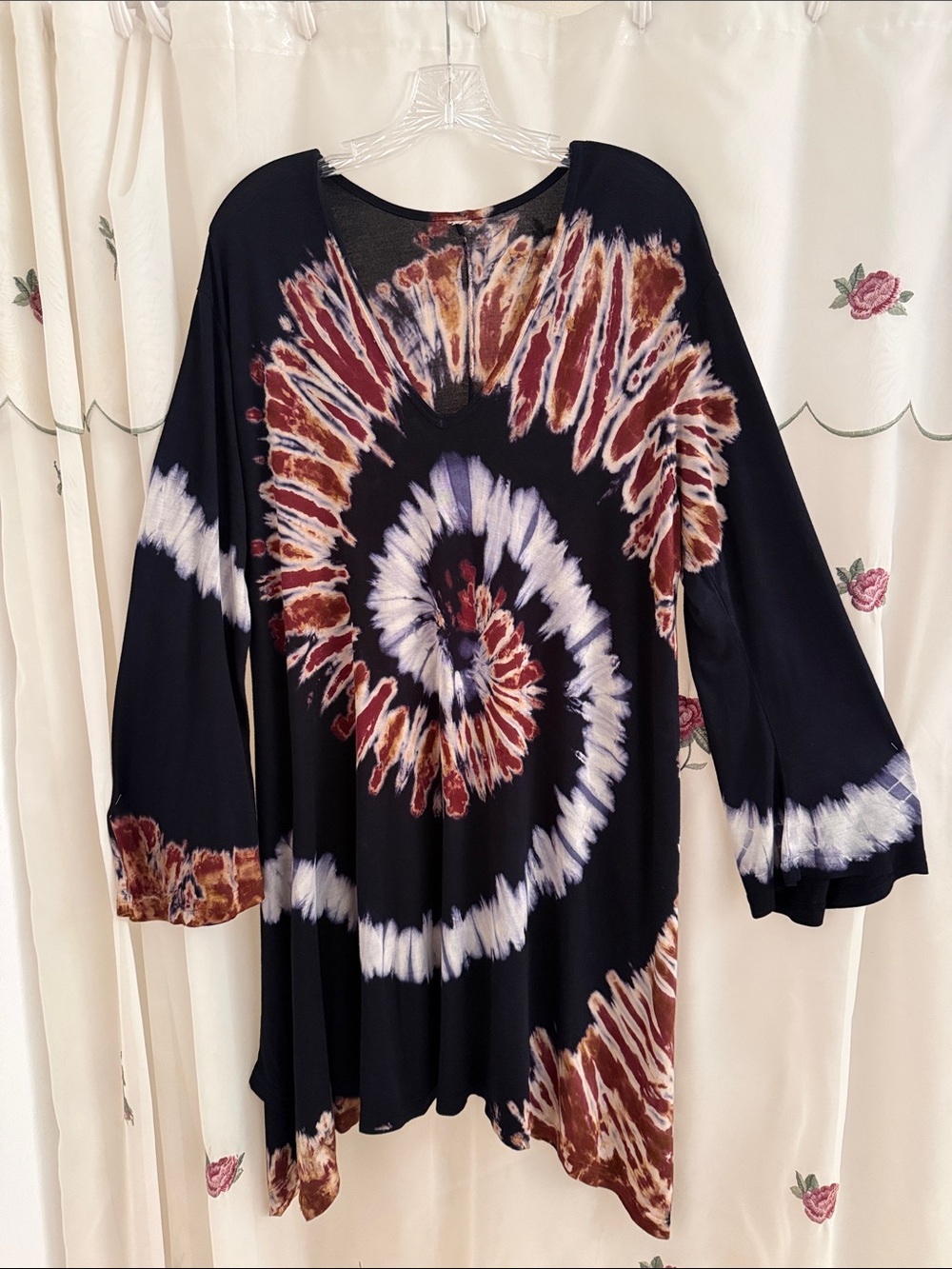Black & Brown Tie-Dye Swirl Long Flared Sleeve Dress or Tunic
